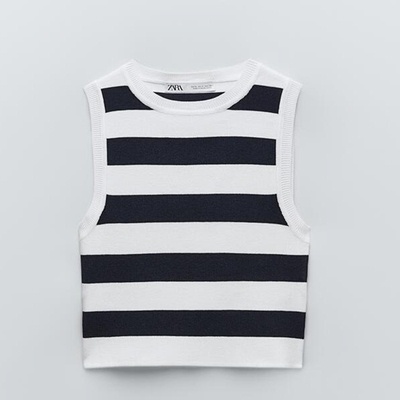 Jual ZARA women's round neck striped knitted vest short top
