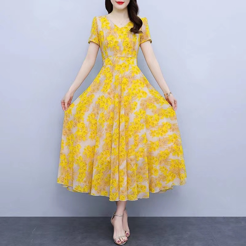 Jual NANA Floral dress gold kuning sifon bunga wanita elegan | Shopee ...