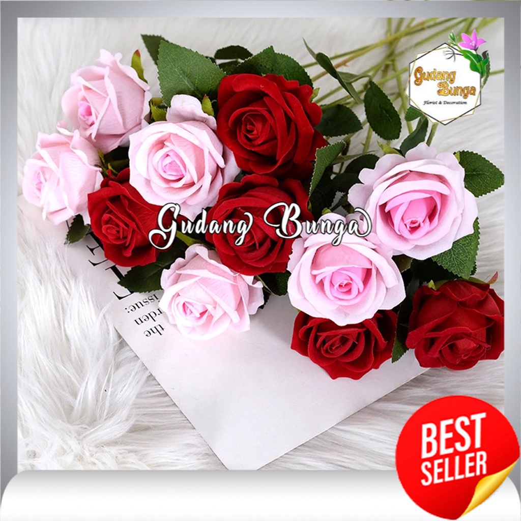 Jual Rose Bludru Panjang Tangkai 50cm Bunga Mawar Imitasi Kain