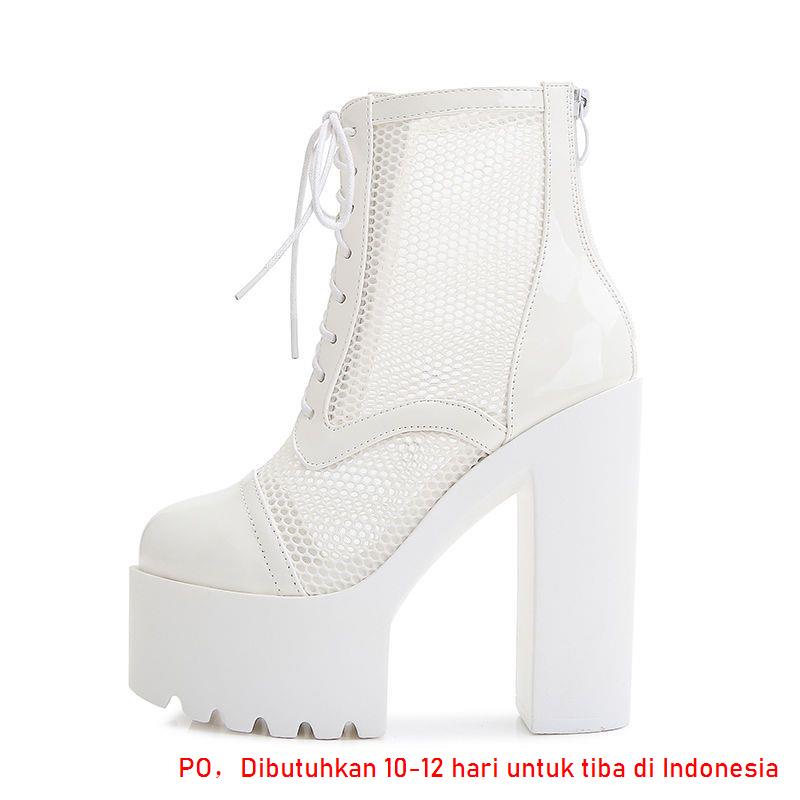 14cm thick heel gogo high heels waterproof platform white round toe lace up  shoes high heels