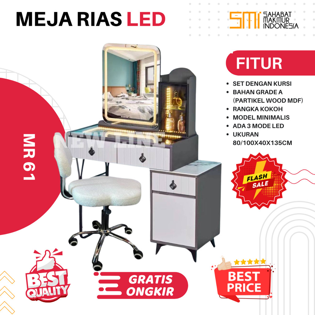 Jual Meja Rias MR 61 + Kursi LED / Set Meja Kursi Rias Make Up Set ...
