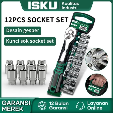 ISKU kunci shock set 12Pcs kunci Ratchet 1/4 Inch 8-24mm Mata Sok Set 1/2 Inch Socket Wrench set