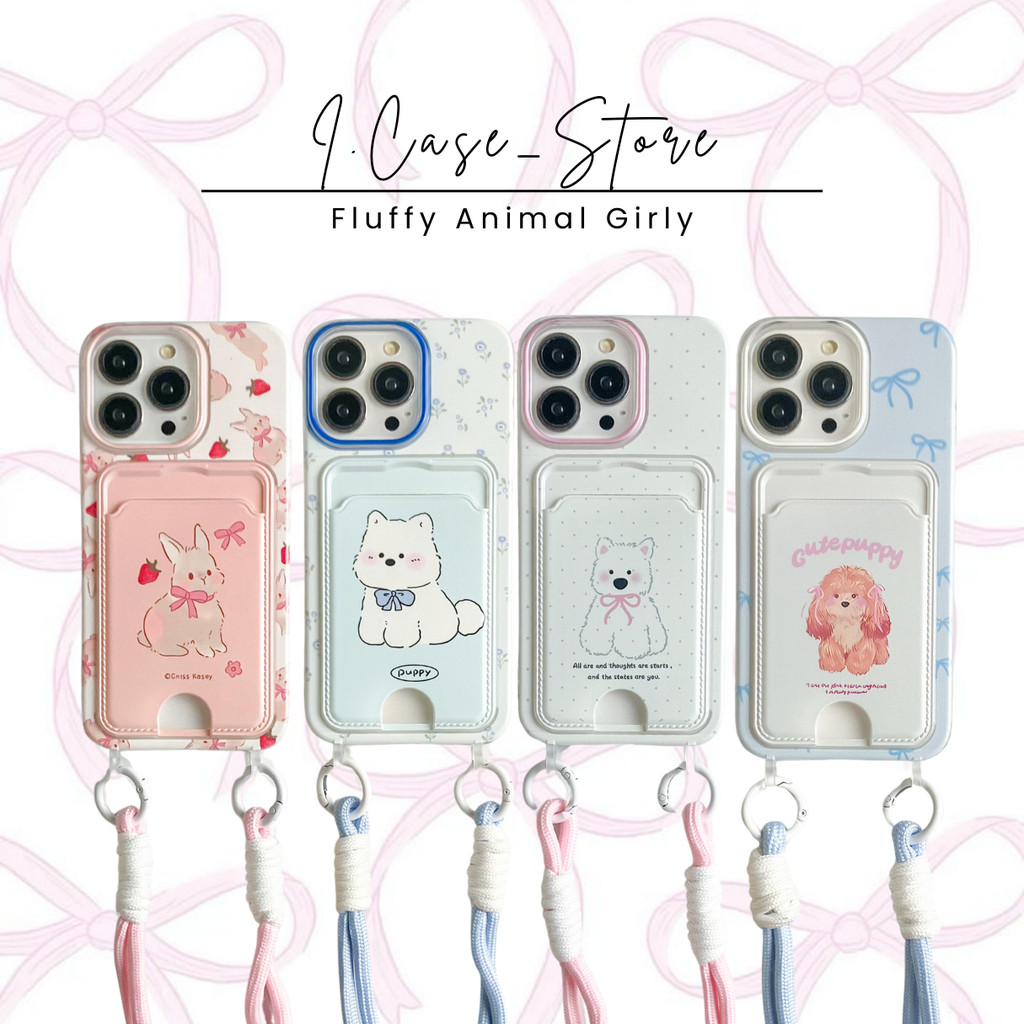 Jual Card Holder Case Puppy & Bunny Case with rope strap Casing iPhone ...