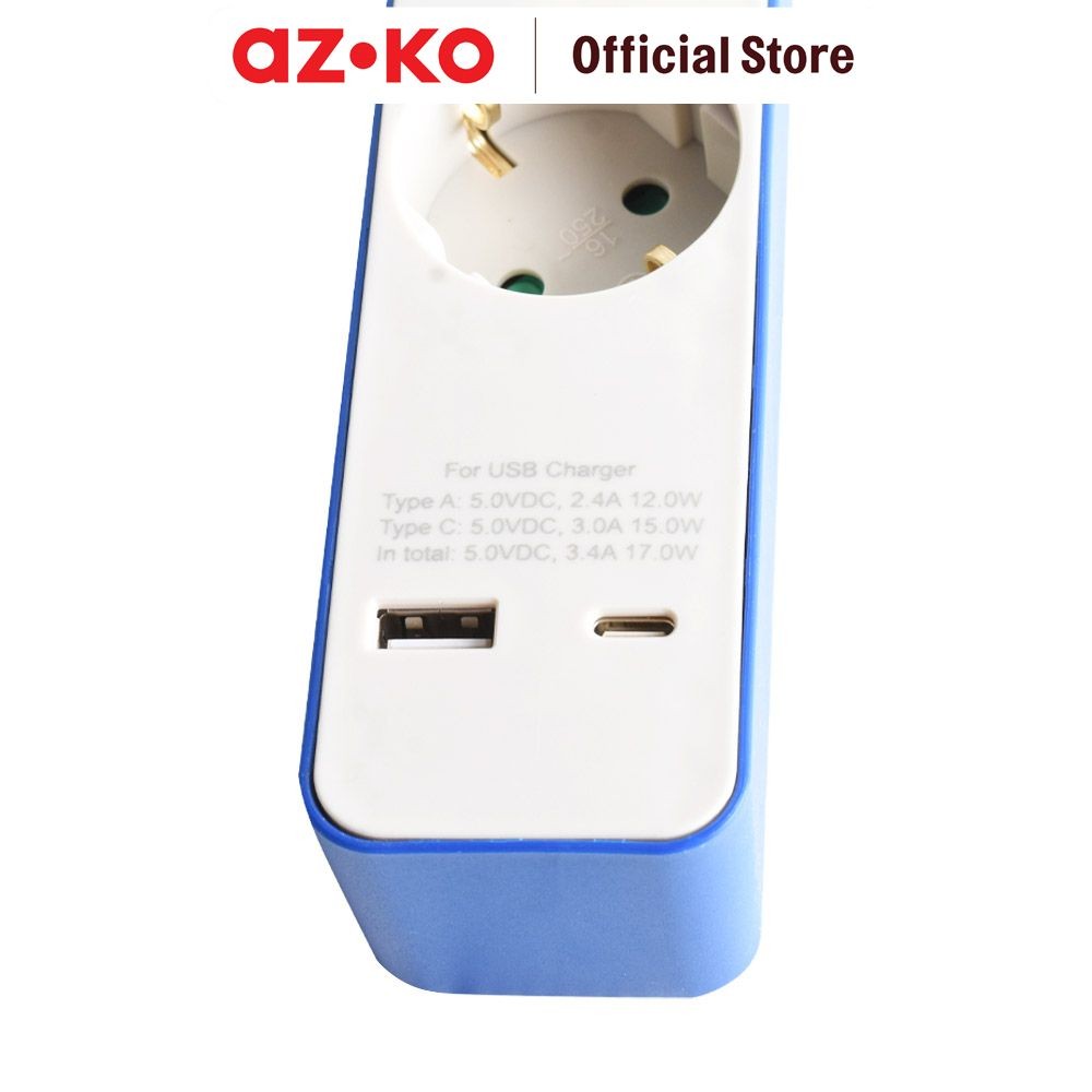 Jual AZKO Krisbow Stop Kontak 3 Socket Dengan Port Usb & Type C - Biru ...