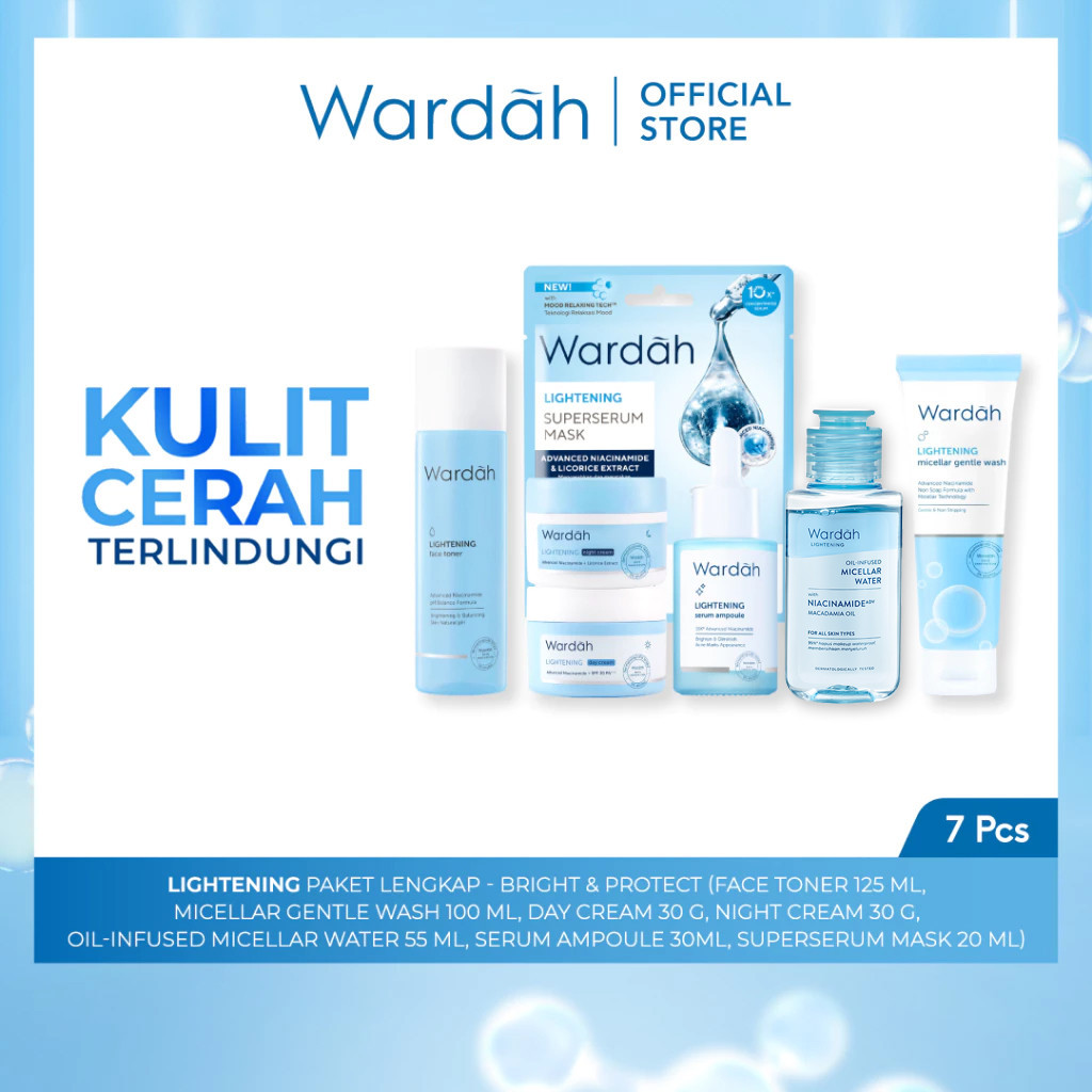 Wardah Lightening Paket Lengkap - Bright & Protect (Serum Ampoule, Night Cream, Face Toner, Day Cream, Facial Wash, Sheet Mask, Micellar Water)
