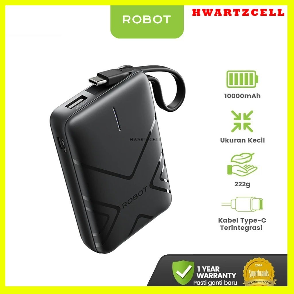 [HWARTZ] ROBOT Smart Powerbank Mini 37W 10000mAh With Cable USB to Type C Power Bank  Fast Charging RT17 Original
