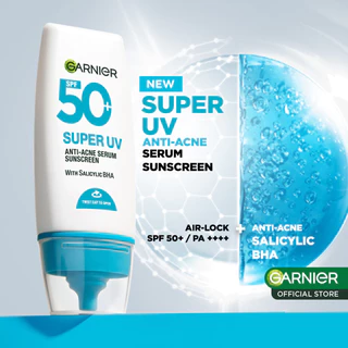 [EXCLUSIVE LAUNCH] Garnier Super UV Anti-Acne Serum Sunscreen SPF50+ PA++++ Salicylic BHA 30ml | Sunscreen untuk kulit berminyak, berjerwat, memudarkan bekas jerawat