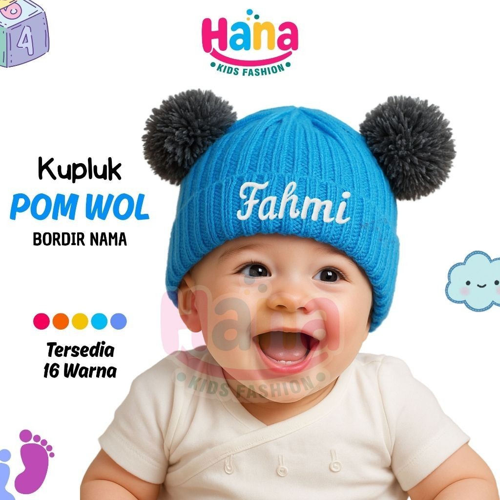 Jual Topi Bayi Kupluk Pompom – Pom Wol Bordir Nama Custom, Satuan ...