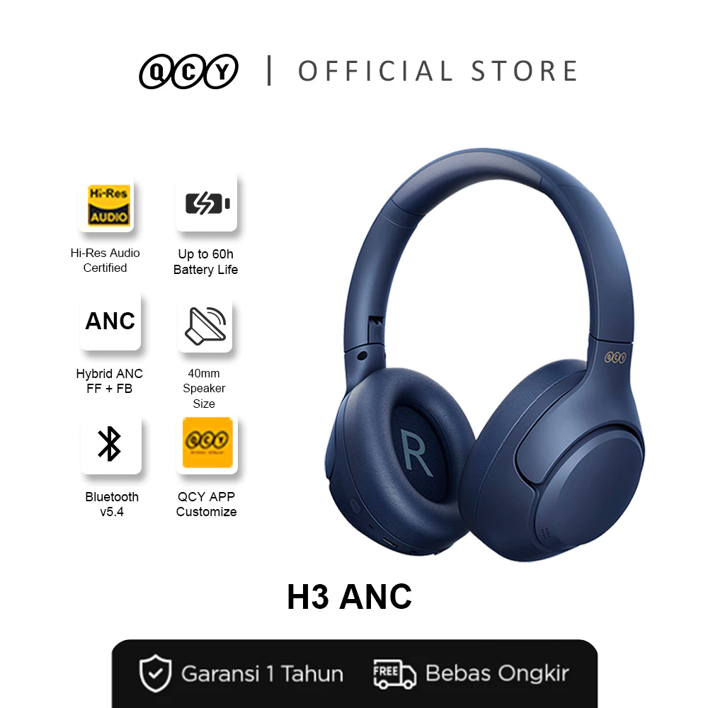 QCY H3 Wireless Noise Canceling Headset | Hybrid ANC -43dB | 60H Playtime | HiRes Sound | 4 Mic ENC | Bluetooth 5.3 | Low Latency