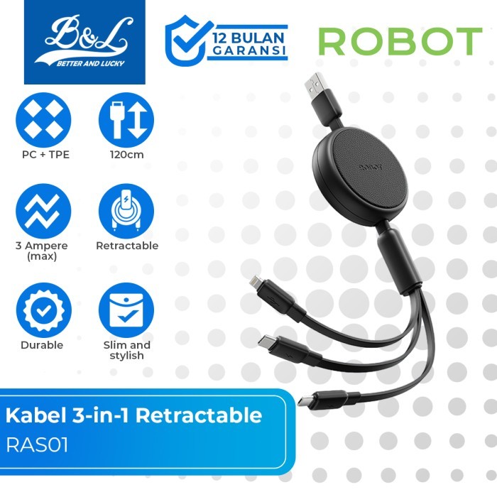 Jual ROBOT RAS01 Kabel Charger 3-in-1 3.5A Retractable USB to Micro ...
