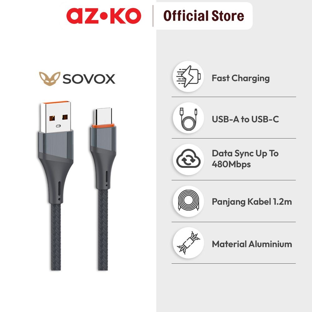 Jual AZKO Sovox 1.2 mtr Kabel Charger Usb 30 Watt Aluminium Charging ...
