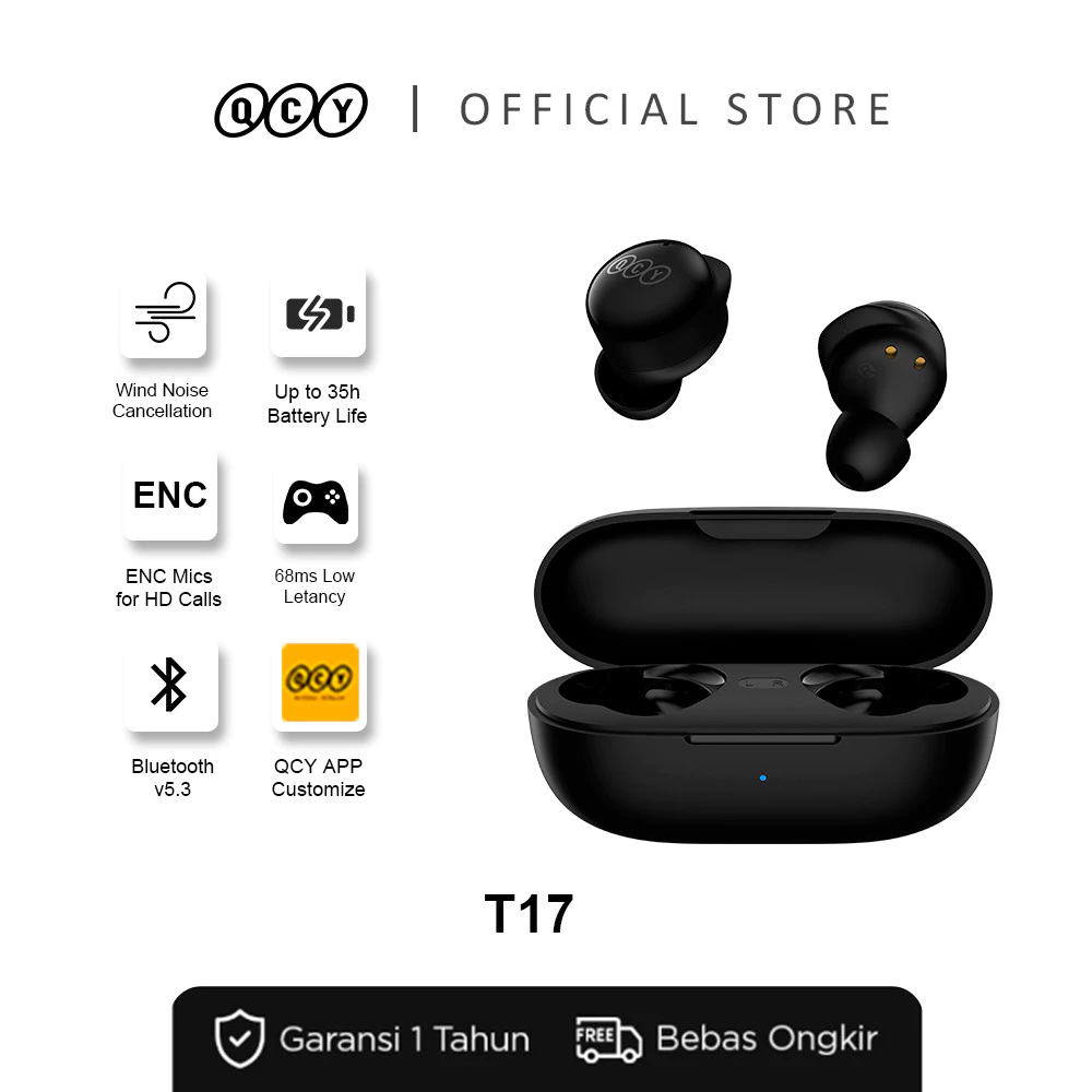 QCY T17 TWS Earbuds Stereo & Mono Mode | HiFi Sound | Bluetooth 5.1 | Youth Buds | Mini Design | Black | 26H Battery
