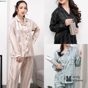 EMILY PIYAMA Baju Tidur Piyama Satin Wanita Dewasa Model Garis Premium Pakaian Tidur Wanita