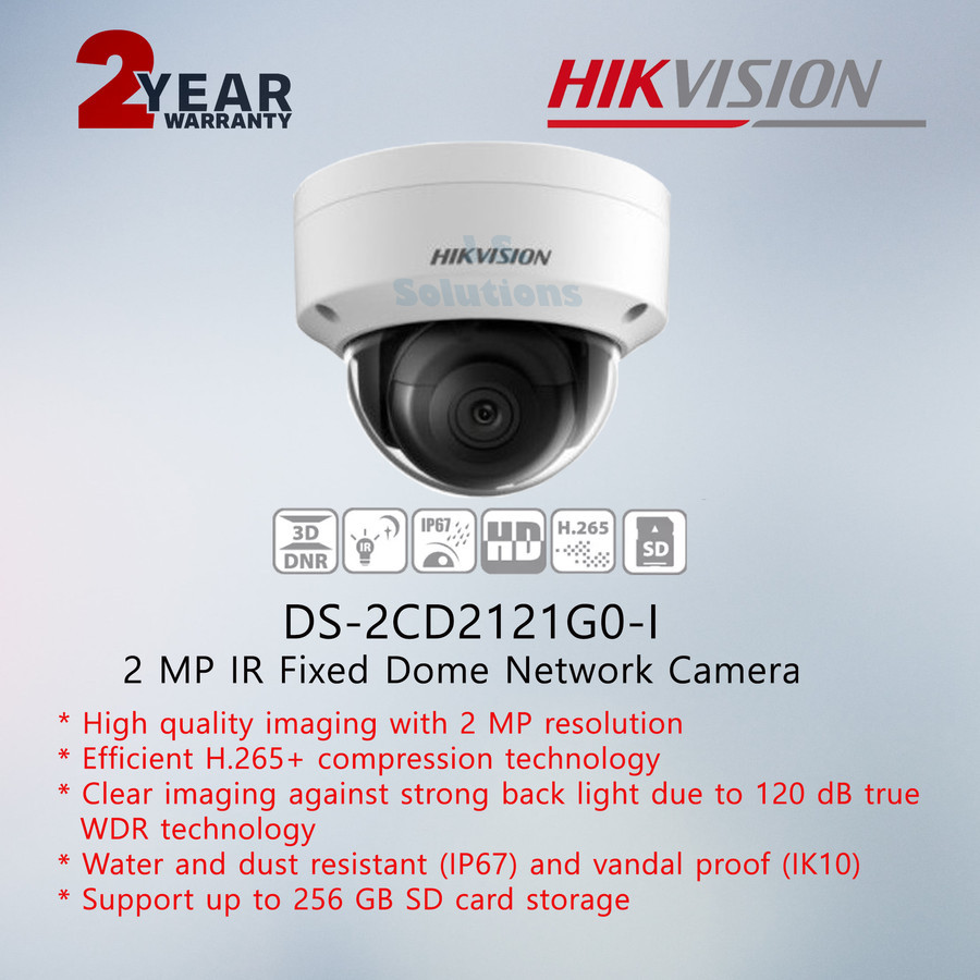 thumbnail image 2 of 2MP POE IP Camera DS-2CD2121G0-I – 1080p H.265+ IR 30m IP67 Vandal Proof Dome – Hik-Connect 2 of 3