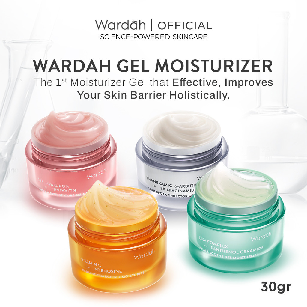 Wardah Gel Moisturizer Series 30 g - Tranexamic Alpha Arbutin, Cica Complex + Panthenol Ceramide, 14X Hyaluronic + Pentavitin, Vitamin C + Adenosine - Pelembab Wajah Bertekstur Gel yang Ringan