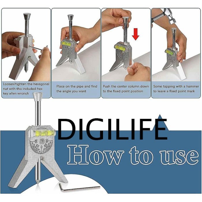 Magnetic Pipe Center Finder With Bubble Level - For 1.5" To 12" Pipes, Aluminum Head, Safety Punch