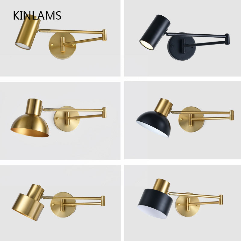 Retro Industrial Wall Sconce Light - 4W LED Warm White Adjustable Swing Arm Gold Metal Lamp, E27 Socket