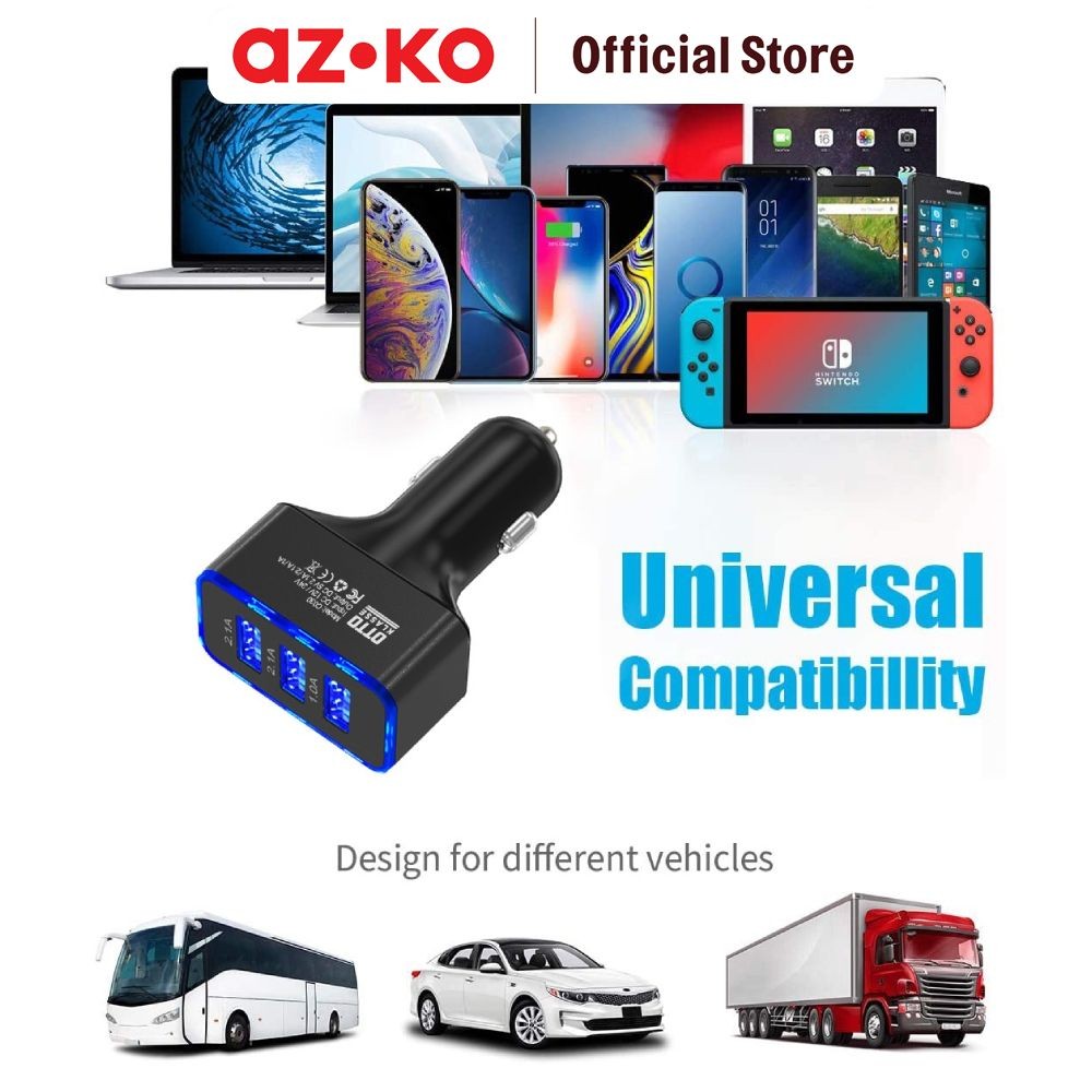 Jual AZKO Otto Klasse Charger Mobil 3 Usb Hub 5.2a Dual Usb Car Charger ...