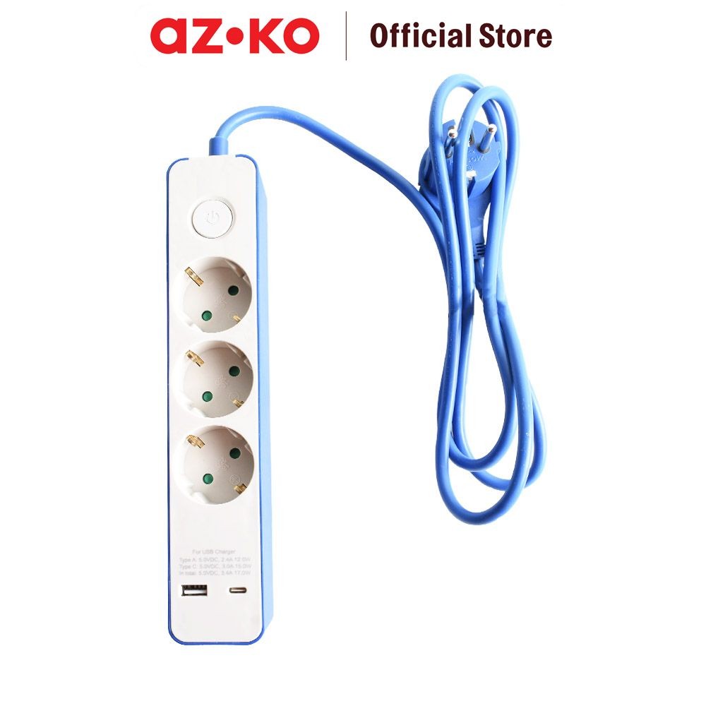Jual AZKO Krisbow Stop Kontak 3 Socket Dengan Port Usb & Type C - Biru ...