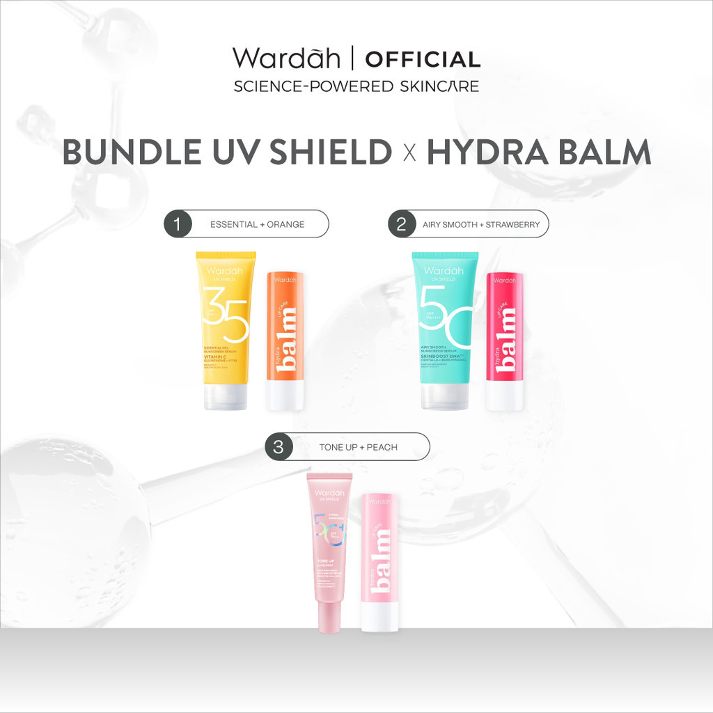 [BUNDLE] WARDAH Paket Hydrabalm Lip Care + UV Shield Sunscreen - Lip Balm, Sunscreen - Hydrating, Pelembab Bibir - Makeup