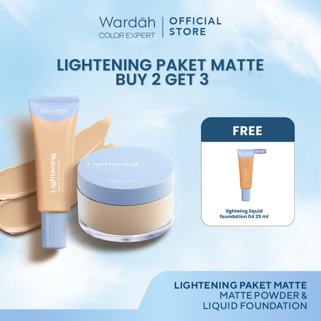 [BUY 2 GET 3] Wardah Paket Lightening Paket Matte Powder 02 20 g Liquid Foundation 02 25 ml Mencerahkan dan Meratakan Warna Kulit Untuk Hasil yang Natural FREE Lightening Liquid Foundation 04 Caramel (53W) 25ml  - Makeup