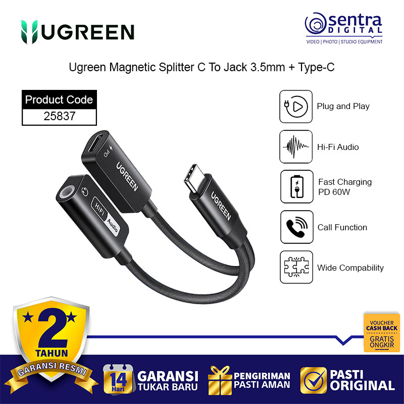 Jual UGREEN 25837 Magnetic Splitter USB C to 3.5mm Audio Jack PD 60w ...