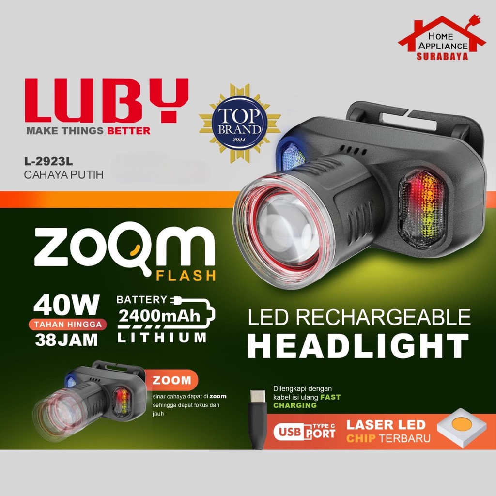 Jual LUBY Headlamp Senter Kepala LED ZOOM Flash 40W - 40 Watt Lithium ...