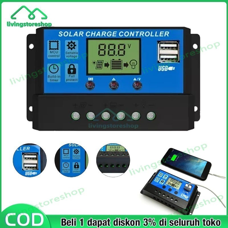 Jual Solar Charge Controller LCD LED Display Solar Cell PWM 12V 24V 10A ...
