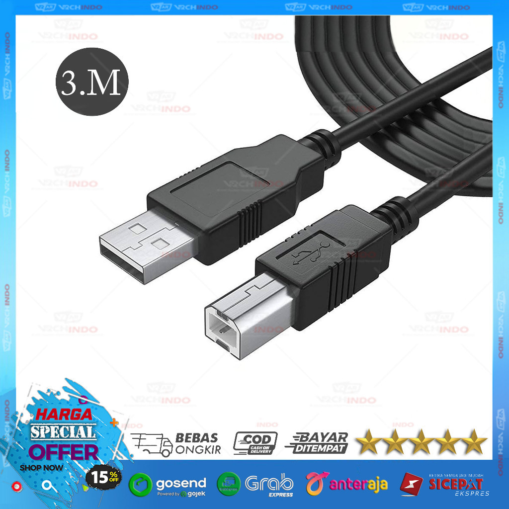 Jual Kabel Printer HITAM Panjang 1.5 / 3M / 5M / 10M Meter - USB 2.0 ...