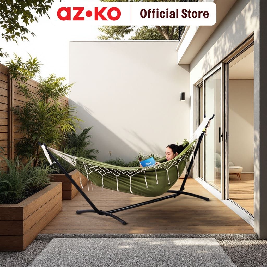 AZKO Soleil Hammock Bed Dengan Tassels - Hijau Tempat Tidur Gantung Ayunan Tidur Tempat Tidur Outdoor Hammock Camping