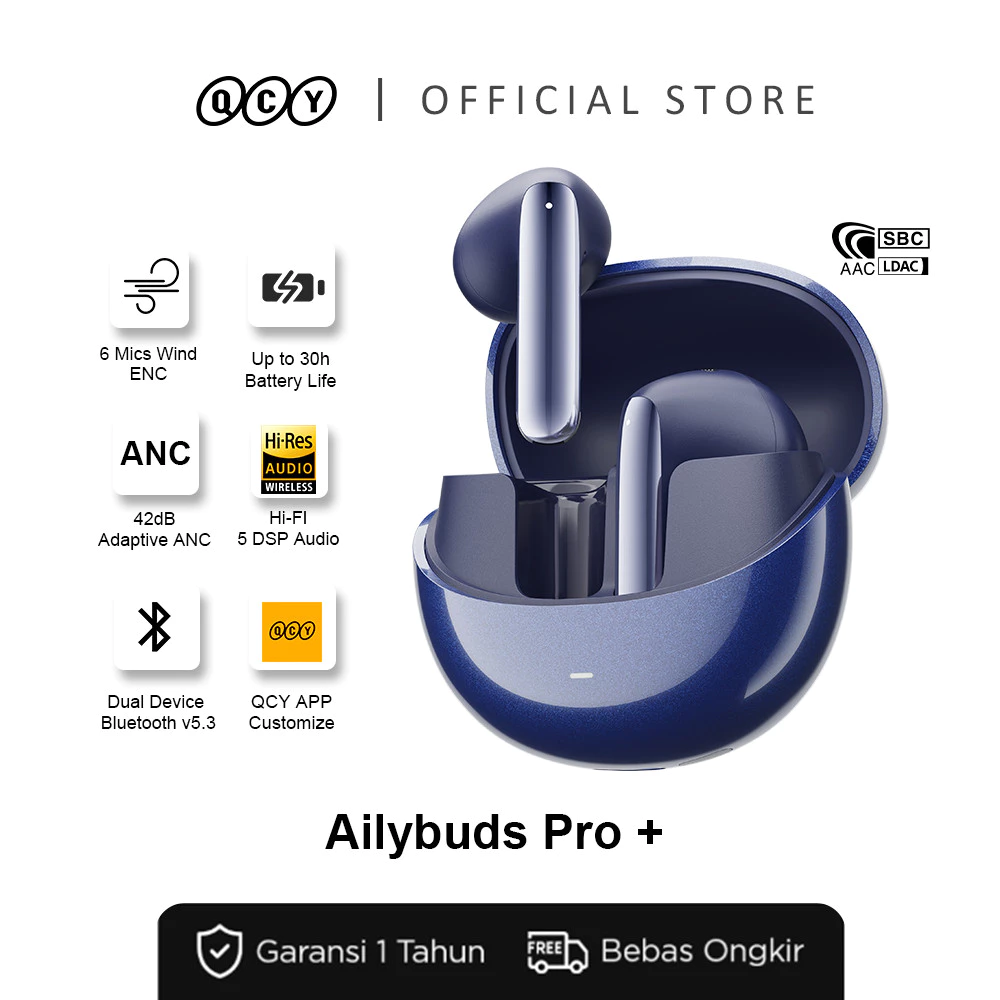 QCY AilyBuds Pro+ | TWS Bluetooth 5.3 | ANC + Transparency Mode | Codec AAC, SBC, LDAC Hi Res | 30 Jam Total