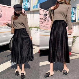 Threelook Rok Plisket Bludru Velvet Premium 7 8 Model Korea Style Remaja Warna Hitam Cokelat