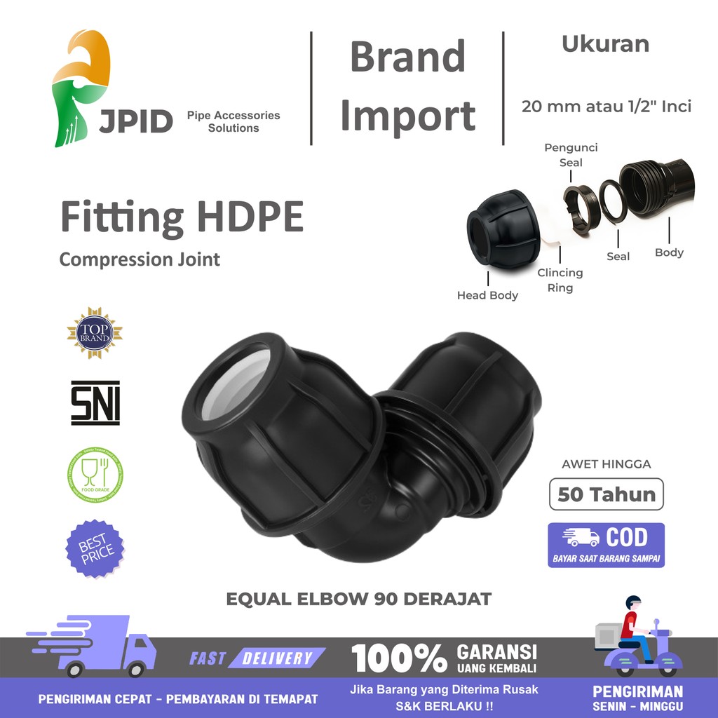 Jual Equal Elbow HDPE 20mm atau 1/2 Inch | elbow 90 deg Compression ...