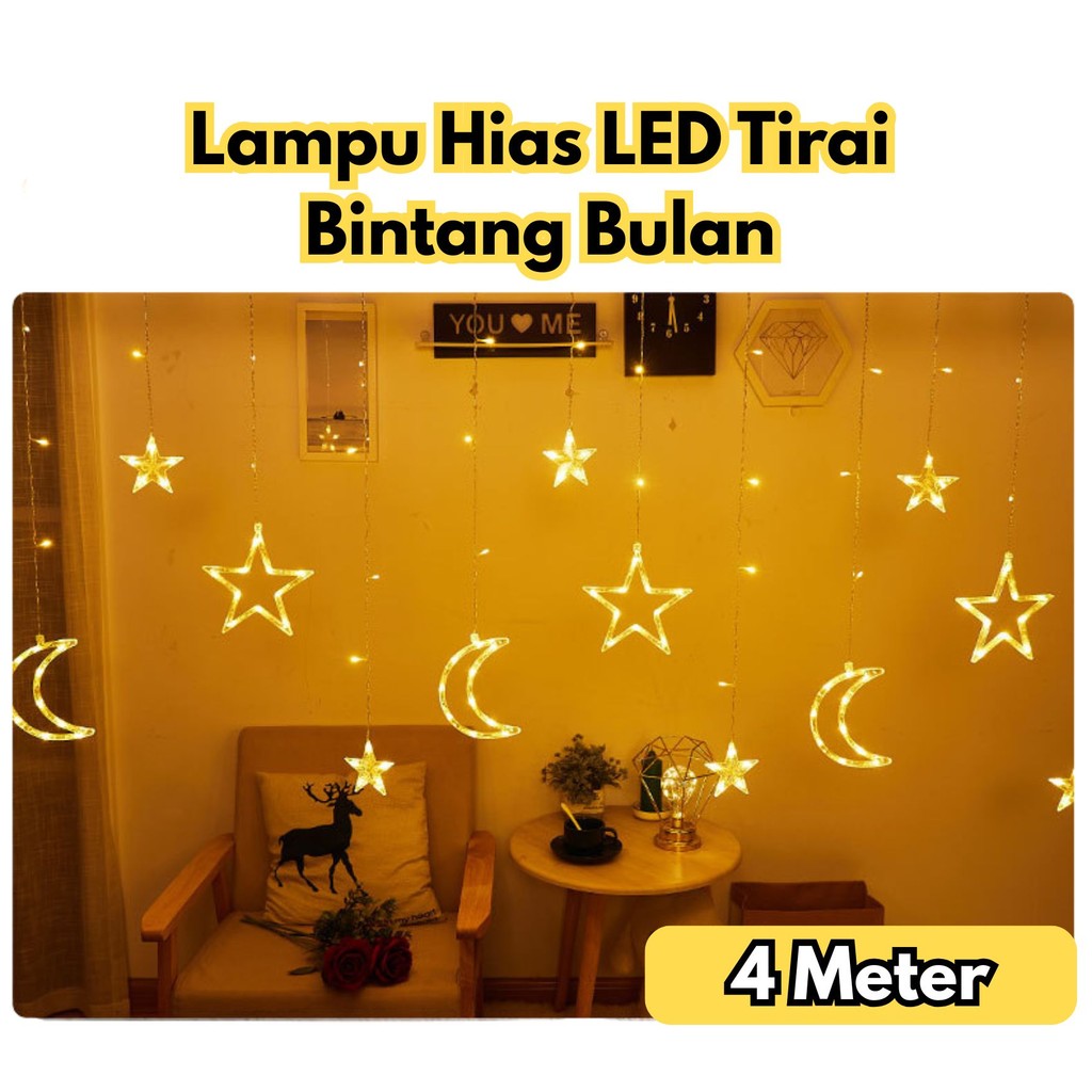 Lampu Ramadhan 4 Meter Hias LED Tirai Bintang Bulan Dekorasi Indoor Outdoor BR130