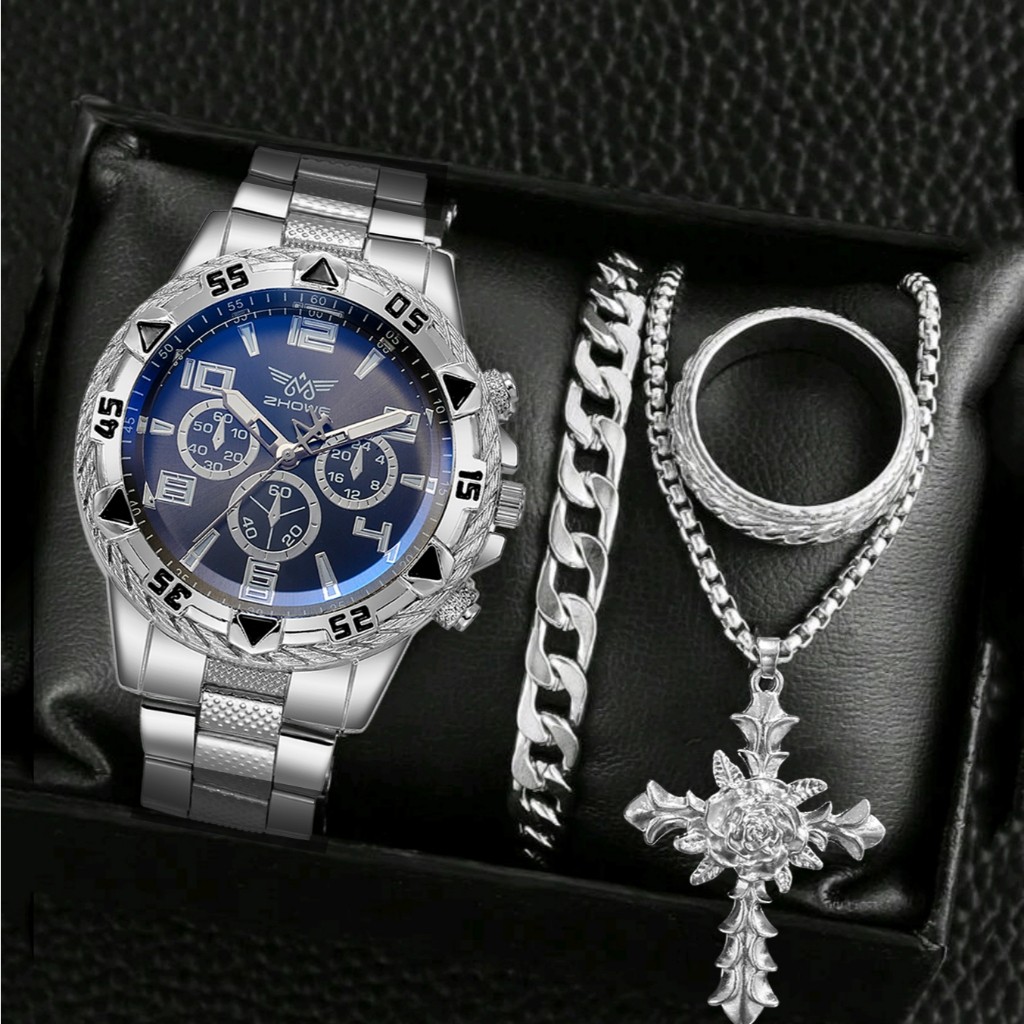 Jual 4 PCS Sets Jam Tangan Pria Fashion Kasual Stainless Steel Jam ...