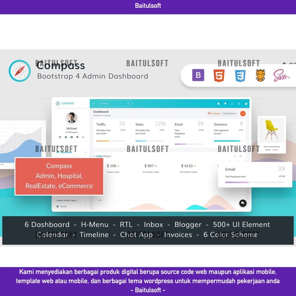Jual WEB TEMPLATE COMPASS BOOTSTRAP 4 MULTIPURPOSE ADMIN TEMPLATE D2166 ...