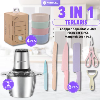VISHAL Exclusive Combo 3IN1 (COD) Chopper Blender Daging Penggiling  Stainless + 1Set Pisau Makaron 6IN1 + 4Pcs Mangkuk Set