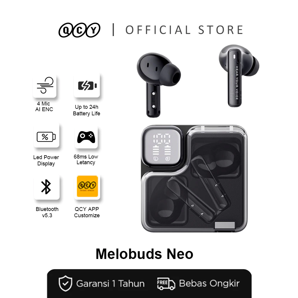 QCY MeloBuds Neo QT31 | LED Power Display | ENC 4 Mic | Bluetooth 5.3 | 24 Jam Playtime | Gaming Mode 68ms EQ Mode