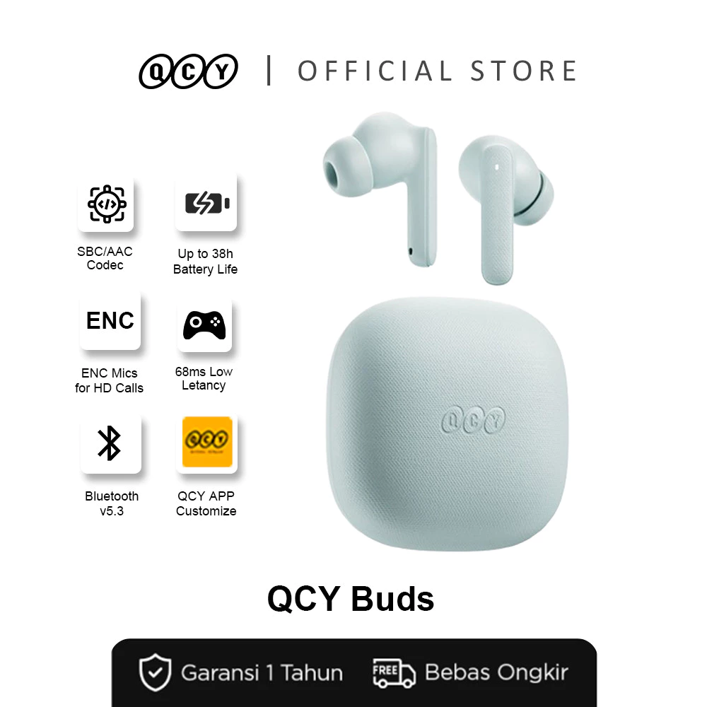 QCY Buds QT43 TWS | Bluetooth 5.3 | ENC Mic | Bass Mantap | Battery Life Total 38 Jam | True Wireless Sounds Earbuds