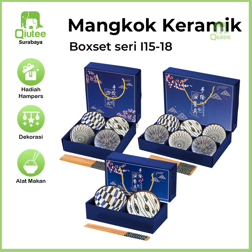 Mangkok Souvenir Lebaran Idul Fitri Mangkuk Keramik Jepang Kado Pernikahan Mangkuk Keramik Porselen Biru Boxset Seri-I  /Mangkok set premium Souvenir  [TERMURAH]
