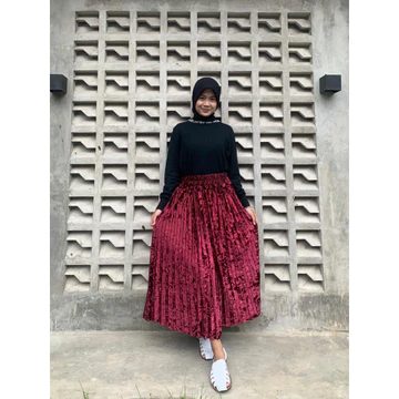 Threelook Rok Plisket Bludru Velvet Premium 7 8 Model Korea Style Remaja Warna Hitam Cokelat