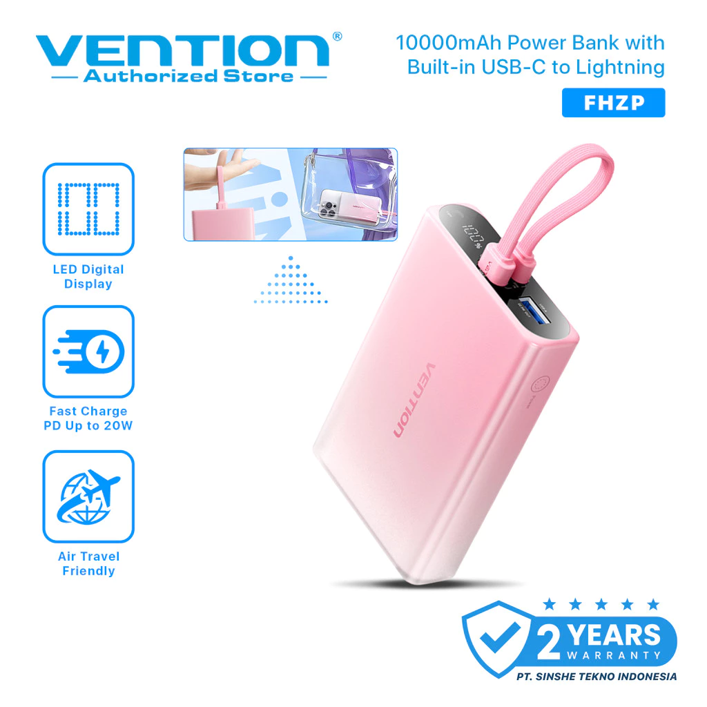 Vention Powerbank 10000mAh Built in Cable USB Type C to Lightning Fast Charging 22.5W iPhone Android