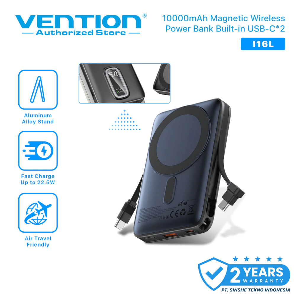 Vention Powerbank 10000mAh Magnetic Wireless Fast Charging 22.5W USB-C with Stand iPhone Android