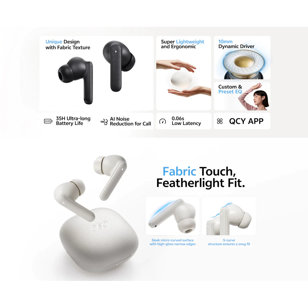 QCY Buds QT43 TWS | Bluetooth 5.3 | ENC Mic | Bass Mantap | Battery Life Total 38 Jam | True Wireless Sounds Earbuds