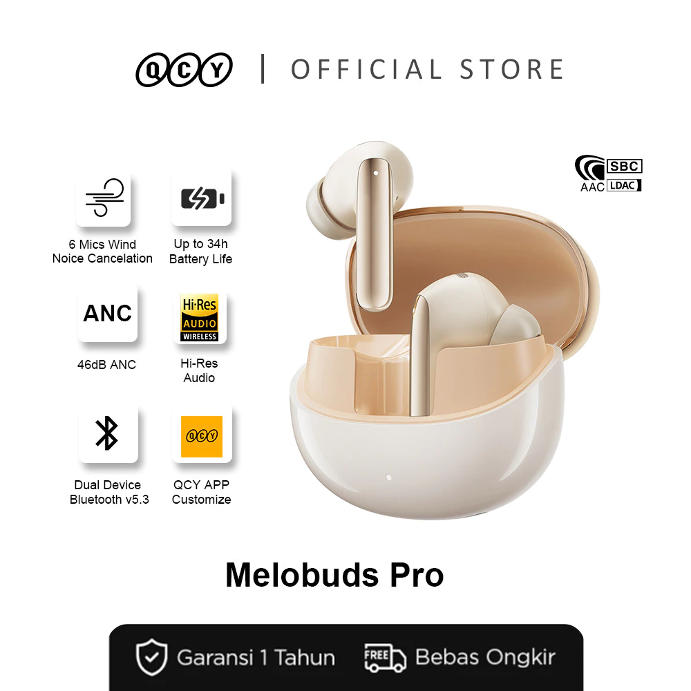 QCY MeloBuds Pro HT08 TWS | Adaptive ANC 46dB | Bluetooth 5.2 | LDAC Hi-Res | ENC 6 Mic | Multi-Point | 34 Jam