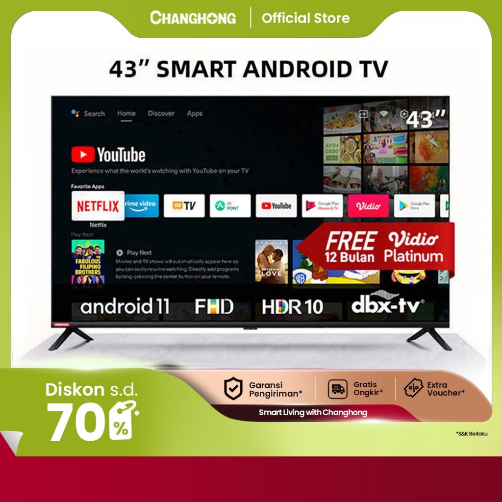 Jual Changhong 43 Inch Newest Android 11 Frameless Smart TV Digital LED ...