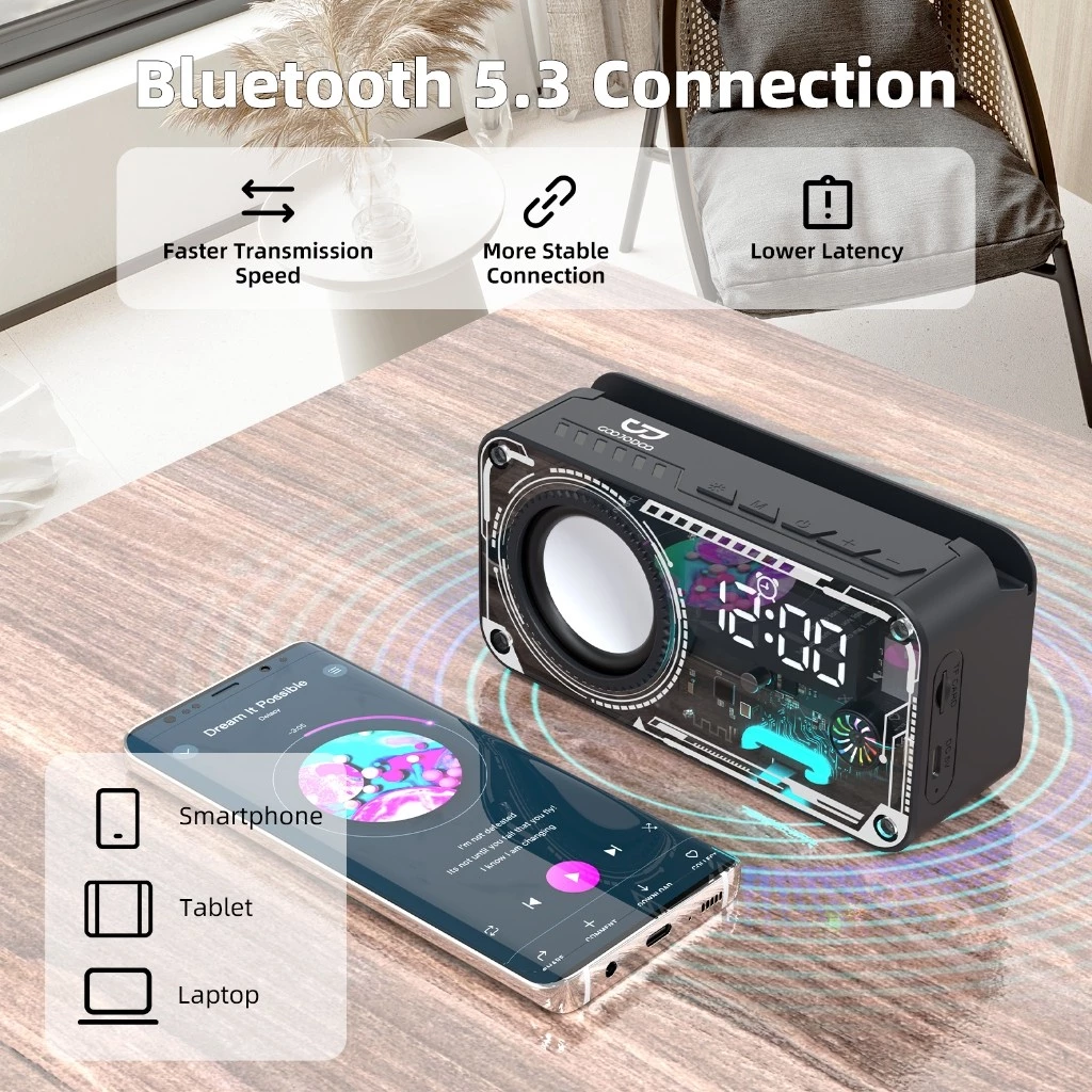 GOOJODOQ AB4088 jam speaker Bluetooth dengan lampu RGB, dudukan ponsel, dan mode TF card