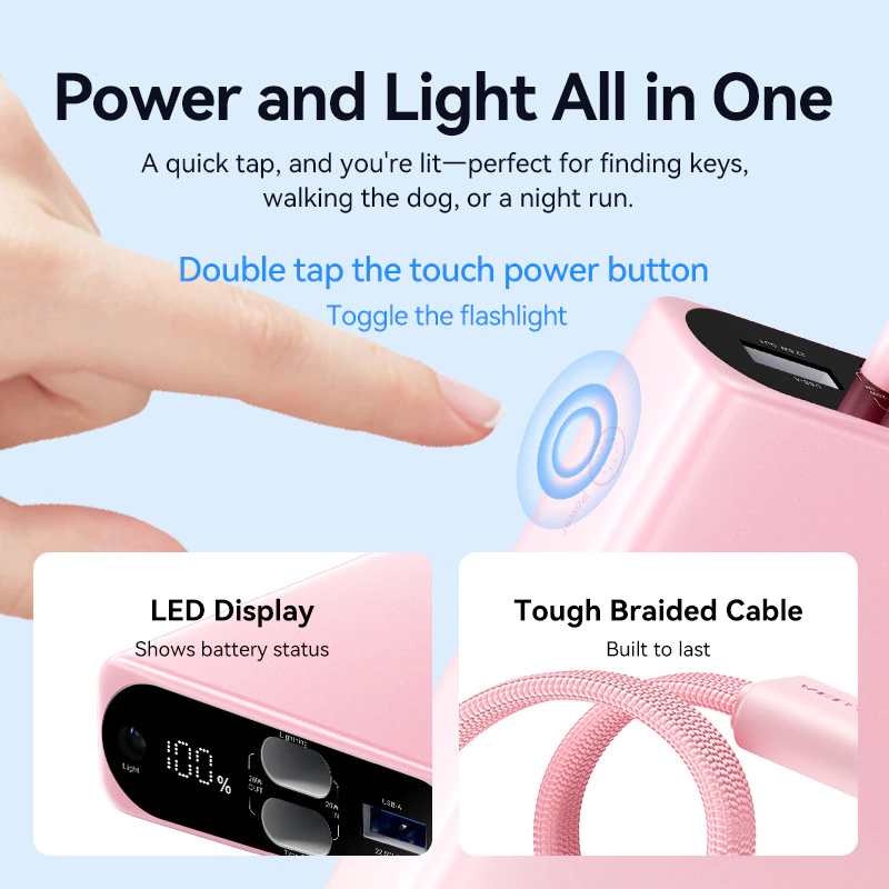 Vention Powerbank 10000mAh Built in Cable USB Type C to Lightning Fast Charging 22.5W iPhone Android