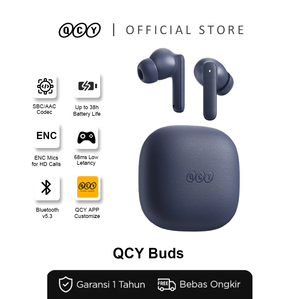 QCY Buds QT43 TWS | Bluetooth 5.3 | ENC Mic | Bass Mantap | Battery Life Total 38 Jam | True Wireless Sounds Earbuds
