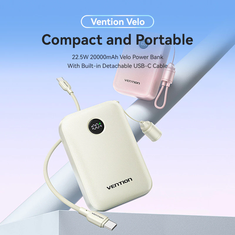 Vention Powerbank 20000mAh 22.5W Built in Cable Fast Charging Dual Port USB-C USB-A for iPhone Android